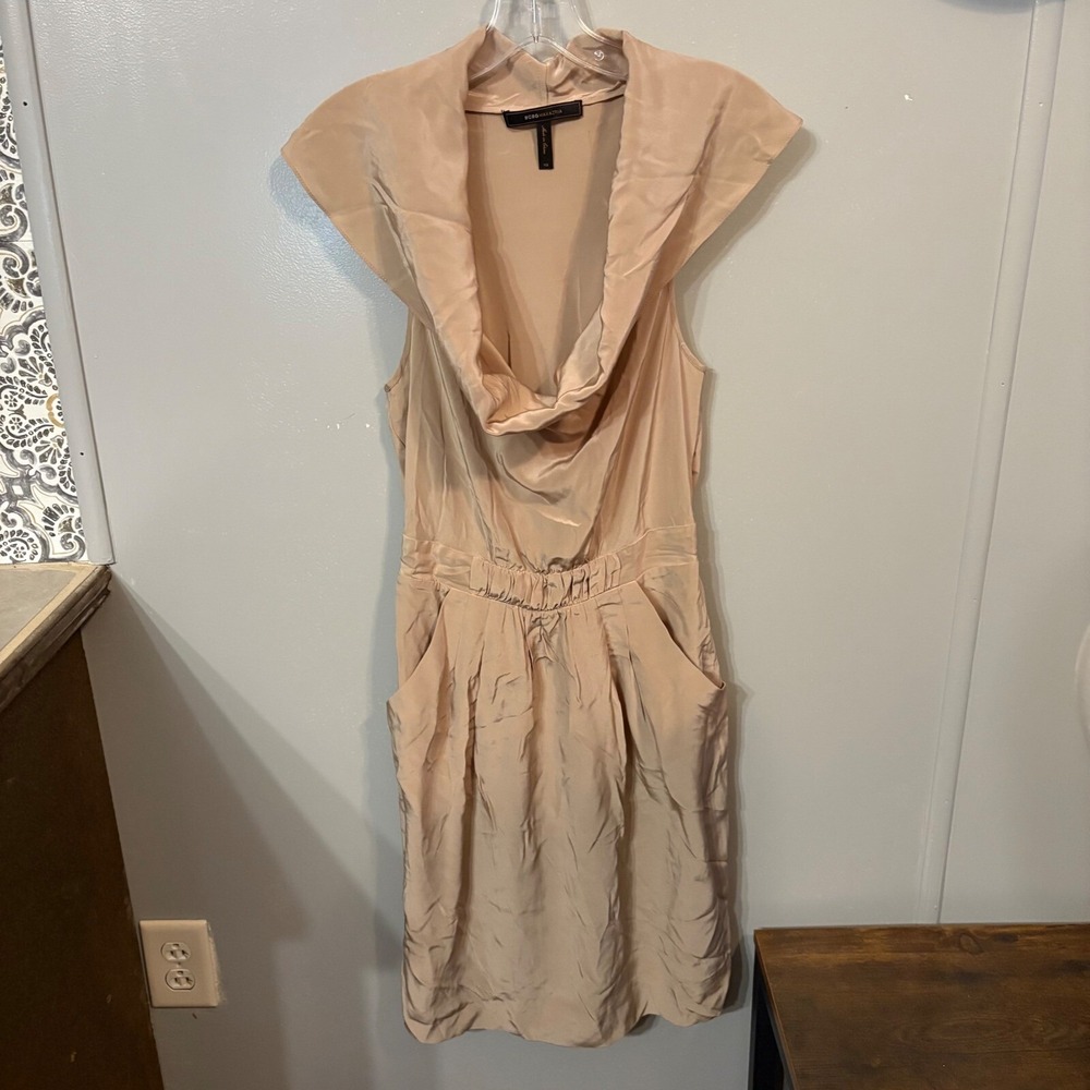 BCBGMAXAZRIA Khaki Beige 100% Silk Cowl Neck Sleeveless Dress (XS)